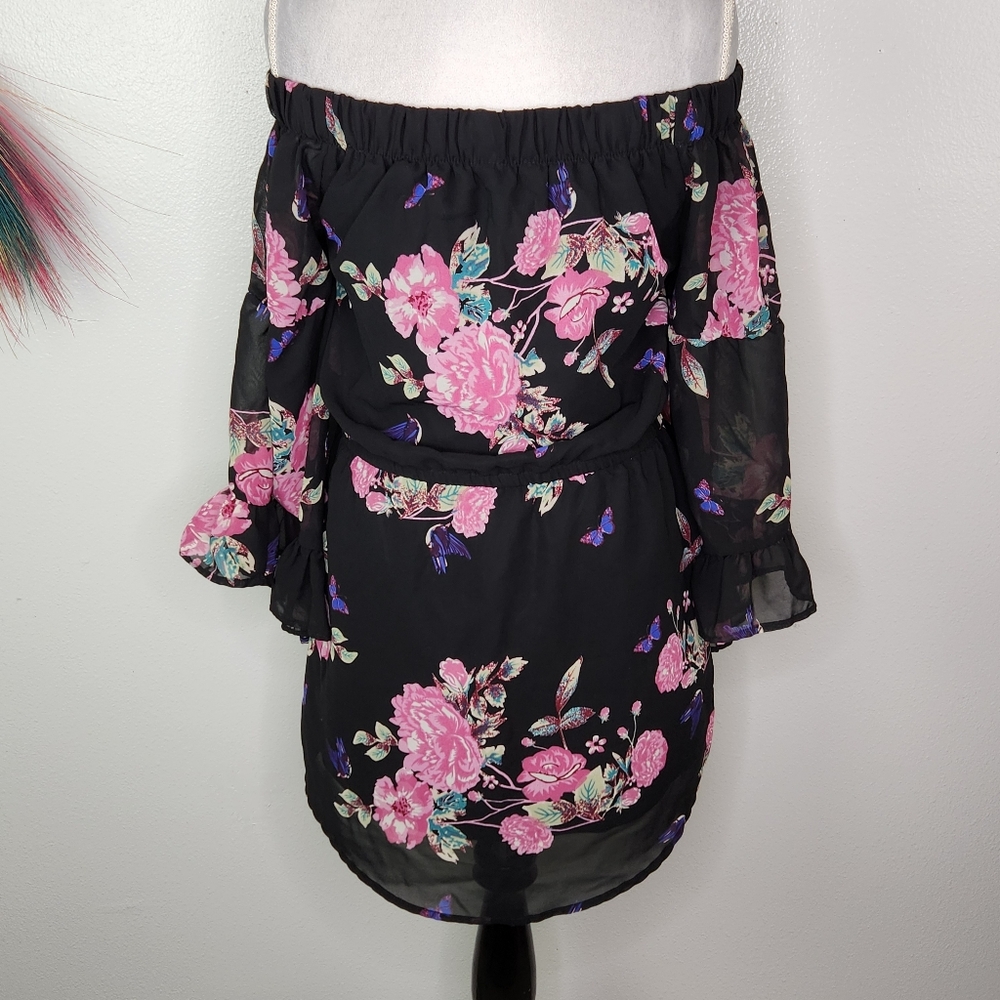 Hint Of Blush Black & Pink Floral Off The Shoulder Mini Dress Size Medium - Picture 7 of 12